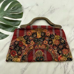 True Colors Vintage Embroidered Clutch Bag Red Black Floral Wood Handles
